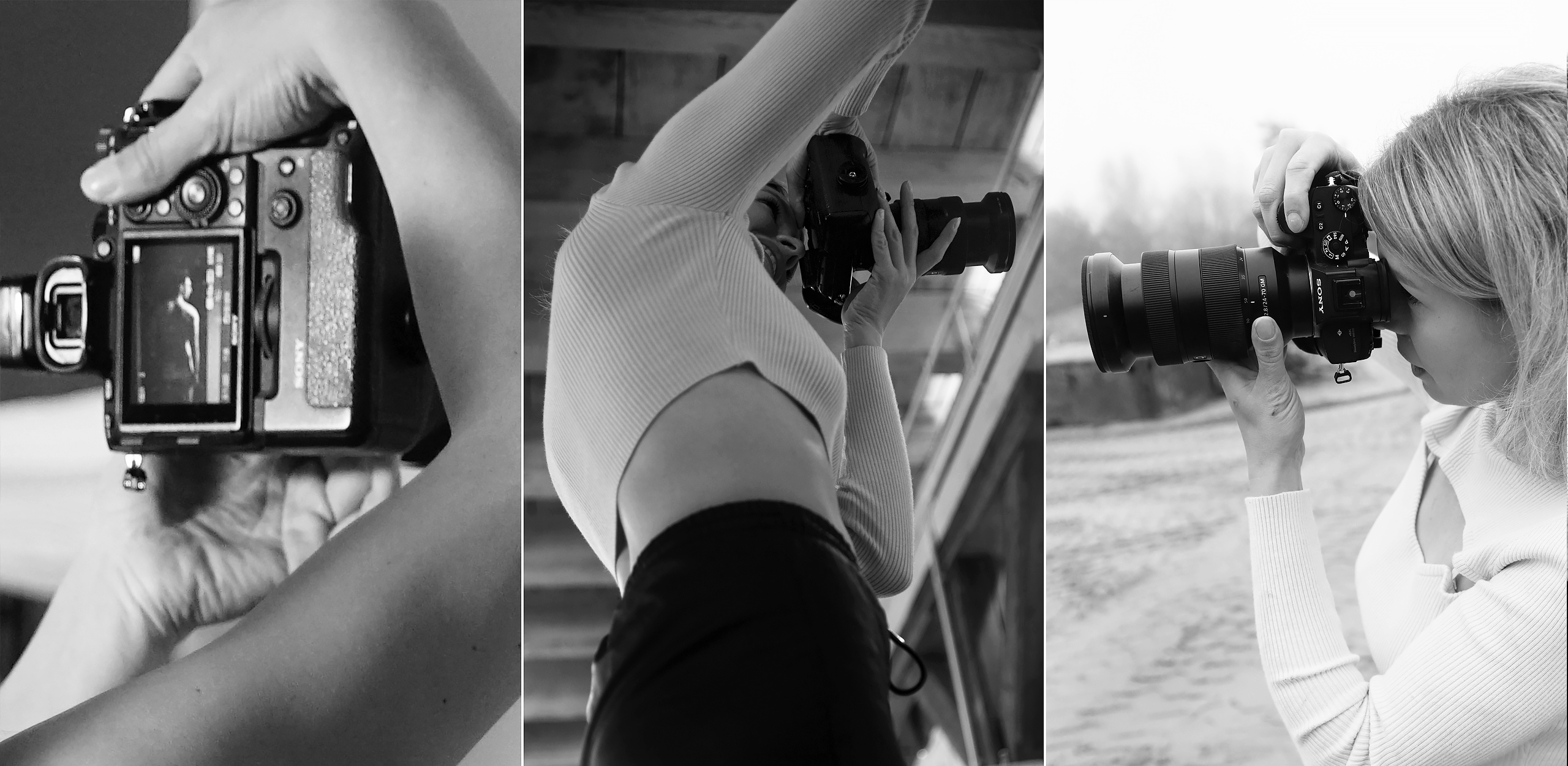 Schwarzweiß-Collage aus drei Aufnahmen der Fotografin Natalia Schmalz bei der Arbeit. Unterschiedliche Perspektiven zeigen sie mit ihrer Kamera beim Fotografieren im Studio und im Freien.