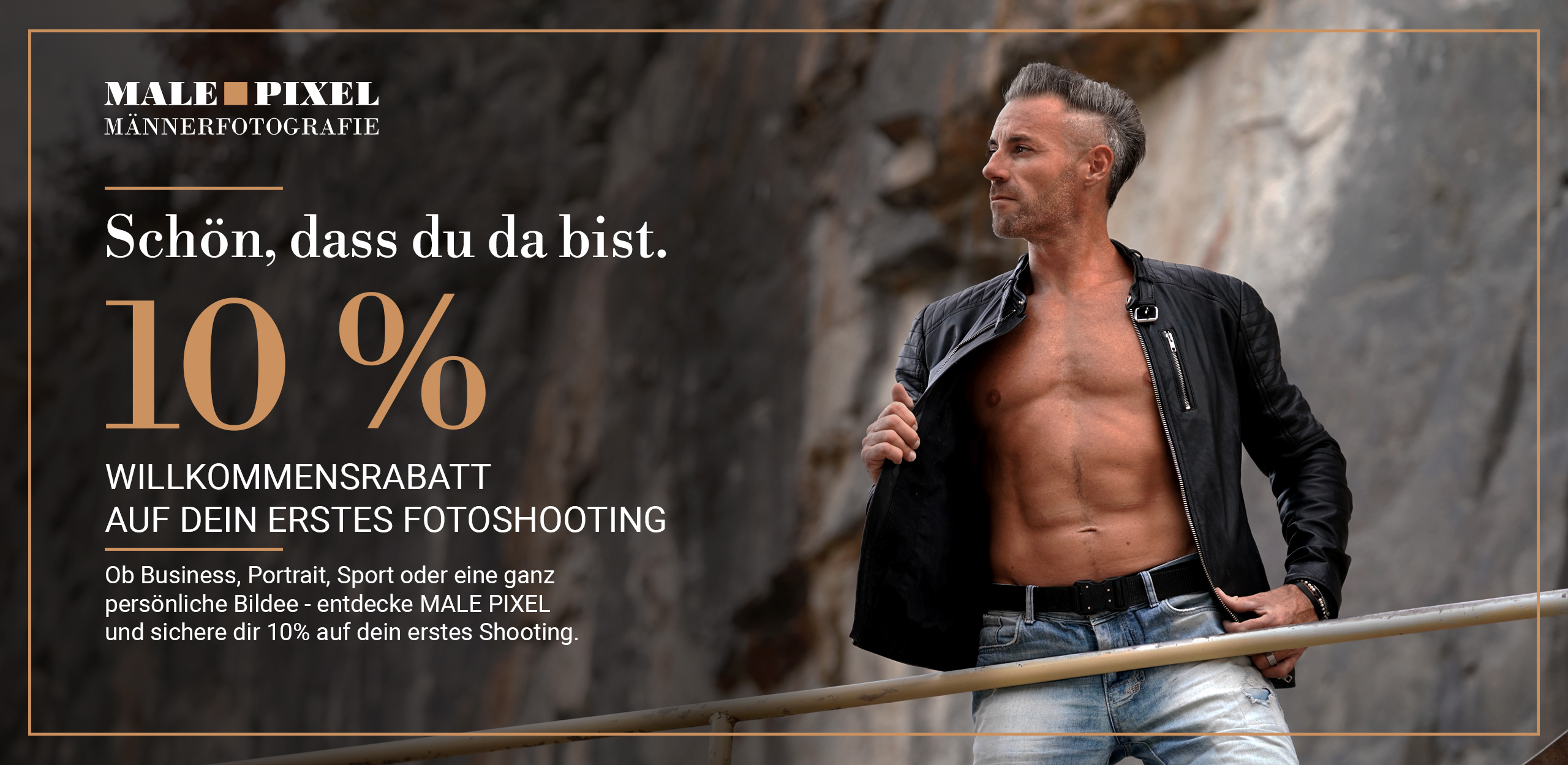 Willkommensgutschein mit 10 Prozent Rabatt auf das erste Männer-Fotoshooting bei MALE PIXEL